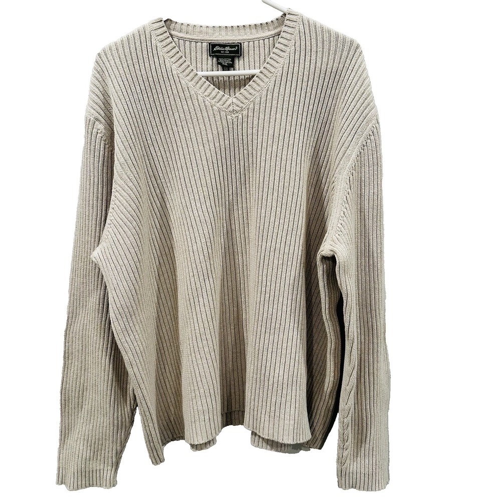 Vintage Eddie Bauer Beige V Neck Sweater Men Ribbed‎ Knit Chunky Grandpa-XXL